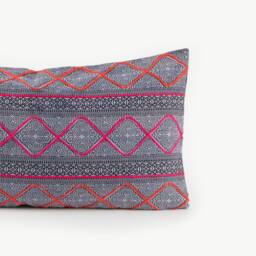 Handwoven Hmong Batik Pillow Cover - Embroidered Hill Tribe Fabric, 13x24 - thumbnail 2