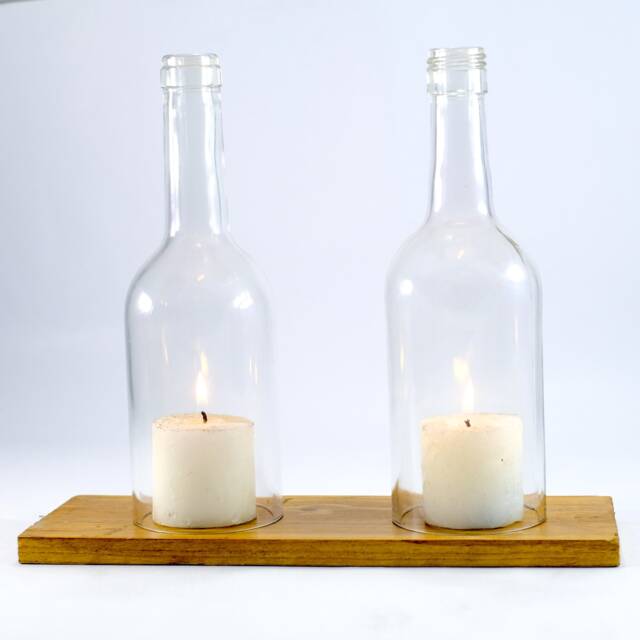 Wine Bottle Led Candle Stand - Cover Holder Set With A Wooden Base For Table Decoration Clear - image 1