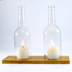 Wine Bottle Led Candle Stand - Cover Holder Set With A Wooden Base For Table Decoration Clear