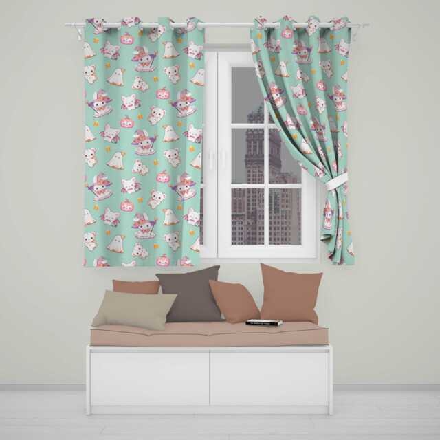 Kawaii Halloween Bunny Witch Ghost Pumpkin Seamless Pattern Teal Background Readymade Eyelet Ring Top Thermal 100% Blackout Curtains - image 1
