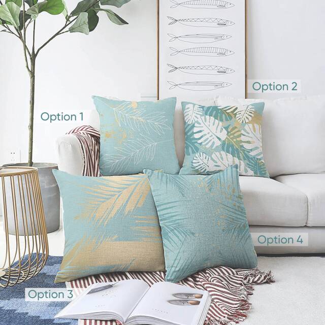 Tropical Pillow Covers With White & Golden Leaves On The Turquoise - Double Sided Printing Chenille Different Sizes & 4 Design - image 1