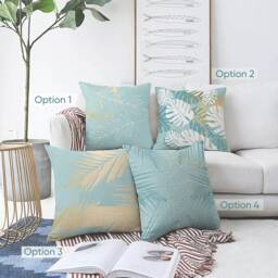 Tropical Pillow Covers With White & Golden Leaves On The Turquoise - Double Sided Printing Chenille Different Sizes & 4 Design - thumbnail 1