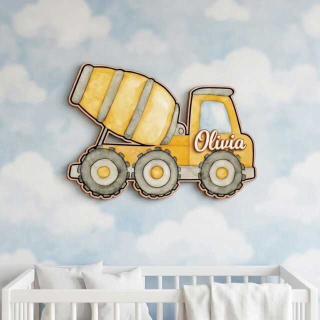Personalized Construction Truck Wooden Name Sign, Custom Vehicle Wall Decor, Nursery Kids Room Gift For Boys - image 1