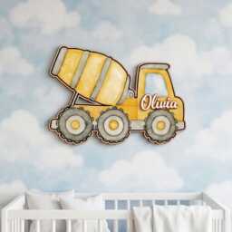 Personalized Construction Truck Wooden Name Sign, Custom Vehicle Wall Decor, Nursery Kids Room Gift For Boys - thumbnail 1