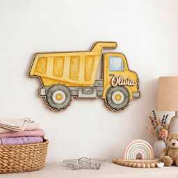 Personalized Construction Truck Wooden Name Sign, Custom Vehicle Wall Decor, Nursery Kids Room Gift For Boys - thumbnail 2