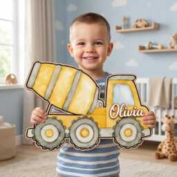 Personalized Construction Truck Wooden Name Sign, Custom Vehicle Wall Decor, Nursery Kids Room Gift For Boys - thumbnail 4