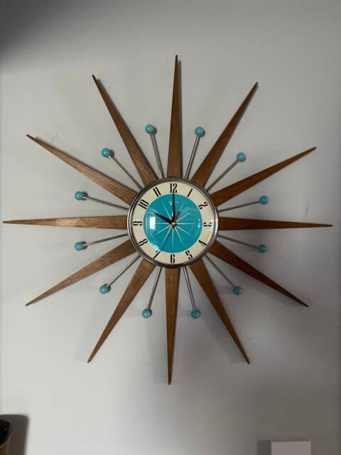 Mid Century Starburst Wall Clock, Retro Chrome Turquoise Mcm Home Decor - image 1