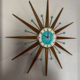 Mid Century Starburst Wall Clock, Retro Chrome Turquoise Mcm Home Decor - thumbnail 2