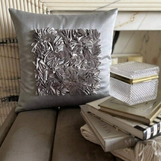 Ribbon Embroidered, Silver Art Silk Solid Pattern, 24x24/26x26 Modern Euro Sham - Love Vintage - image 1