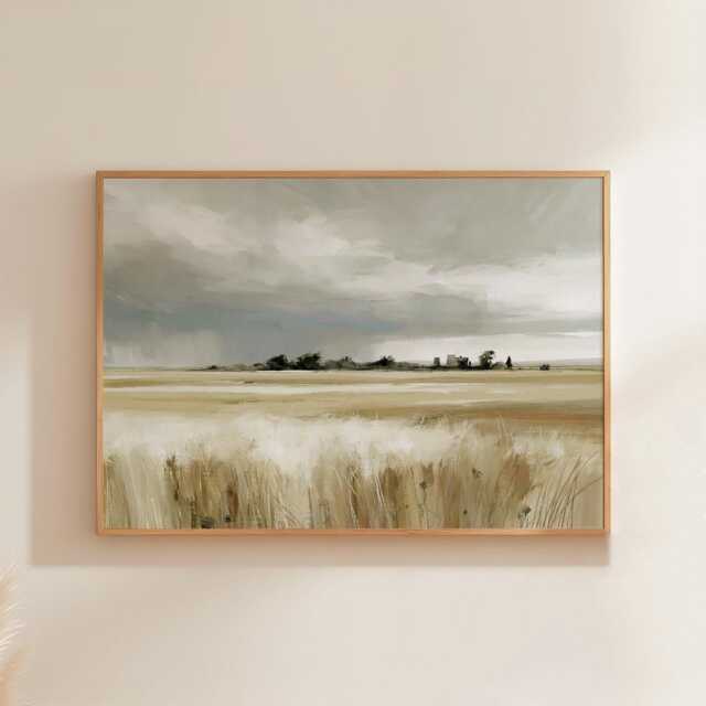 Farmhouse Field Poster, Neutral Landscape Print, Country Wall Art, Paper - image 1