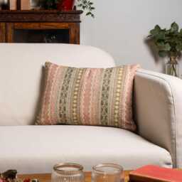 Aztec Trail Boudoir Cushion Cover in Soft Pink & Green. Rustic Striped Geometric Design, Boho Theme. 17x12
