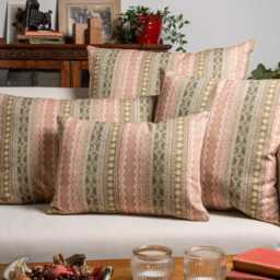 Aztec Trail Boudoir Cushion Cover in Soft Pink & Green. Rustic Striped Geometric Design, Boho Theme. 17x12 - thumbnail 3