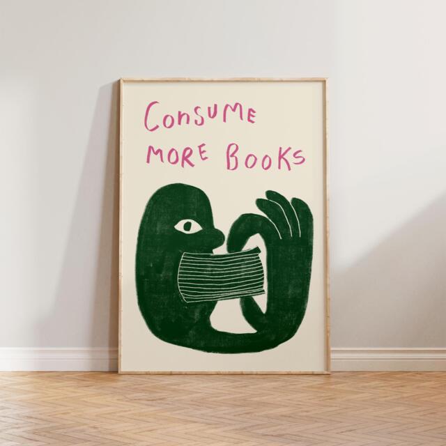 Retro Book Wall Art, Reading Print, Gift For Lovers, Hand Drawn Illustration Consume More Books Cool Literature Prints - image 1