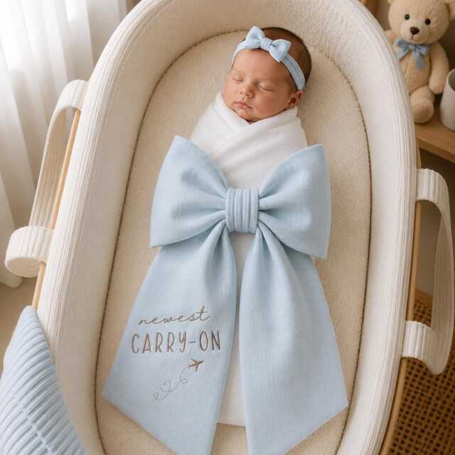 Custom Newest Carry On Embroidered Newborn Bow Sash, Airplane Hospital Traveling Swaddle, Baby Picture Shower Gift - image 1