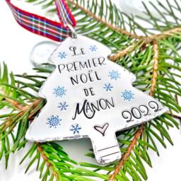 French Personalized Christmas Tree Ornament , First Custom Decoration, Stamped Decoration - thumbnail 1