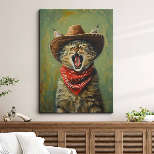 Cat Cowboy Hat Bandana Framed Poster Print & Canvas Wall Decor Art Oil Painting Bedroom Home Living Room Funny Animal Lover Gift - image 1