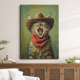 Cat Cowboy Hat Bandana Framed Poster Print & Canvas Wall Decor Art Oil Painting Bedroom Home Living Room Funny Animal Lover Gift - thumbnail 1