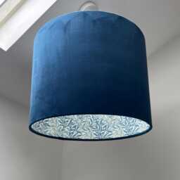 Navy Velvet Drum Lampshade, With William Morris Blue Willow Cotton Interior, Double-Sided Ceiling Light Shade - thumbnail 1