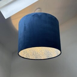 Navy Velvet Drum Lampshade, With William Morris Blue Willow Cotton Interior, Double-Sided Ceiling Light Shade - thumbnail 3