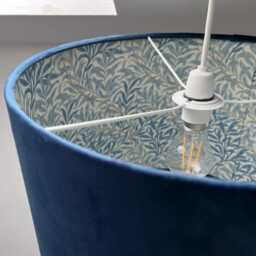 Navy Velvet Drum Lampshade, With William Morris Blue Willow Cotton Interior, Double-Sided Ceiling Light Shade - thumbnail 2
