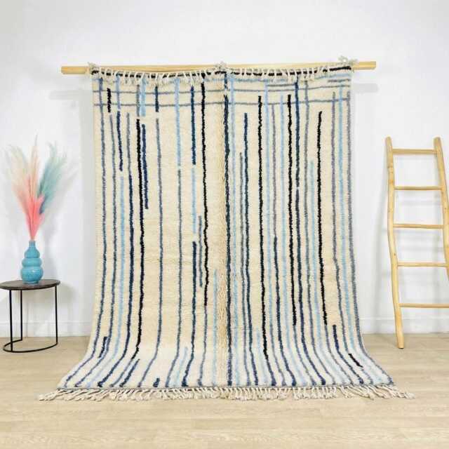 Blue Black Grid Rug - Large Area Handmade Berber Shag Modern Minimalist Decor Custom Thin Line Carpet 100% Wool - image 1