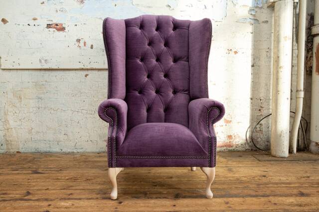 British Handmade Vintage Distressed Aubergine Velvet Chesterfield High Back Wing Chair - image 1