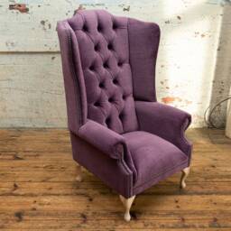 British Handmade Vintage Distressed Aubergine Velvet Chesterfield High Back Wing Chair - thumbnail 3