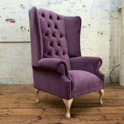British Handmade Vintage Distressed Aubergine Velvet Chesterfield High Back Wing Chair - thumbnail 2