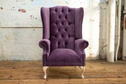 British Handmade Vintage Distressed Aubergine Velvet Chesterfield High Back Wing Chair - thumbnail 1
