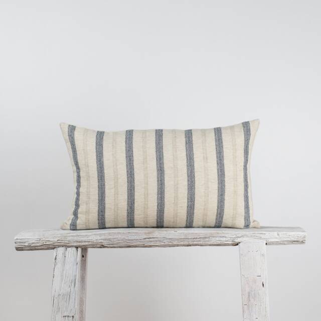 Rustic Linen Cotton Lumbar Pillow Cover, Blue Stripe, Farmhouse Cushion - image 1