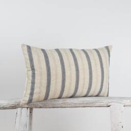 Rustic Linen Cotton Lumbar Pillow Cover, Blue Stripe, Farmhouse Cushion - thumbnail 2