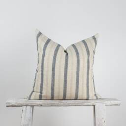 Rustic Linen Cotton Lumbar Pillow Cover, Blue Stripe, Farmhouse Cushion - thumbnail 3