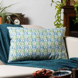 Tamil Batik Xl Rectangular Cushion. Jade Green & Blue Indonesian Inspired Geometric Floral Design. Eco-Friendly Cotton & Velvet, 23X15 - thumbnail 3