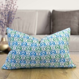 Tamil Batik Xl Rectangular Cushion. Jade Green & Blue Indonesian Inspired Geometric Floral Design. Eco-Friendly Cotton & Velvet, 23X15 - thumbnail 1