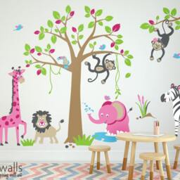 Jungle Animals Wall Decal, Safari Girls Room Nursery Decor, Playroom Monkey Giraffe Zebra Lion - thumbnail 2