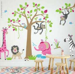 Jungle Animals Wall Decal, Safari Girls Room Nursery Decor, Playroom Monkey Giraffe Zebra Lion