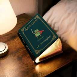 Huzzah Frog Book Lamp, Embroidered Medieval, Fantasy Game Decor, Room Wood Lights, Folding Lamp, Led Light Book - thumbnail 3