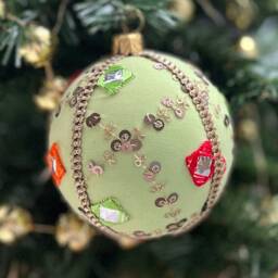 Handmade Mint Green Bauble - Upcycled Fabric Indian Wedding & Diwali Decor Eco-Friendly Christmas Ornament Unique Gifting Idea - thumbnail 2
