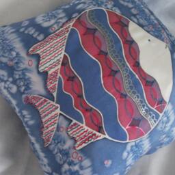 Hand-Painted Silk Cushion Cover Fish Design, Red, White & Blue - thumbnail 2