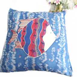 Hand-Painted Silk Cushion Cover Fish Design, Red, White & Blue - thumbnail 3