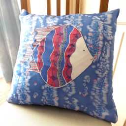 Hand-Painted Silk Cushion Cover Fish Design, Red, White & Blue - thumbnail 1