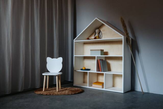 House Shape Shelf, Nursery Kid Furniture, Dollhouse, Books & Toys Storage, White Wooden Birch Modern Montessori Display Shelf - image 1