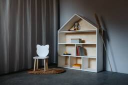 House Shape Shelf, Nursery Kid Furniture, Dollhouse, Books & Toys Storage, White Wooden Birch Modern Montessori Display Shelf