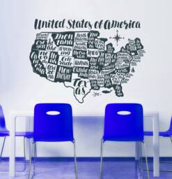Vinyl Wall Art Decal - United States Of America Map Usa Us State Names History Class Classroom Elementary Middle High School Homeschool