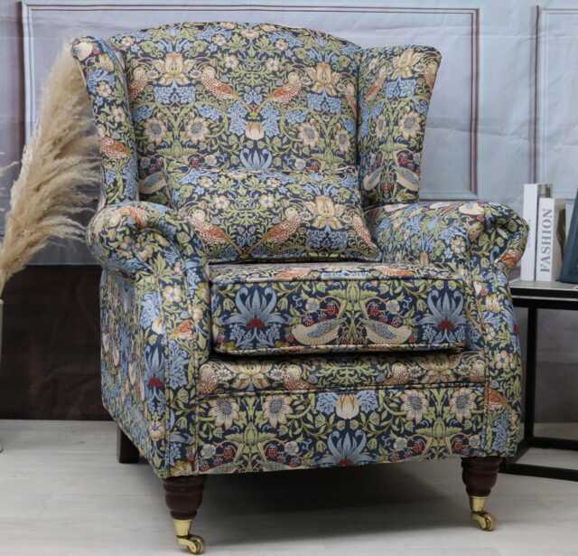 Upholstered Accent Armchair For Living Room - Reading Chair Fabric Strawberry Thief Blue William Morris - image 1