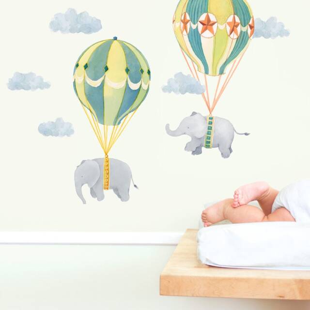 Off We Go Hot Air Balloon Elephants - Neutral Peel-And-stick Wall Decals Mej - image 1