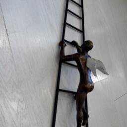Cast Bronze Angel Sculpture On Iron Stairway, Matte Finish, Signed - thumbnail 3