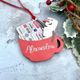 Personalised Hot Chocolate Mug With Snowman Gift Card Holder Christmas Ornament - Name & Santa Approved Stamp