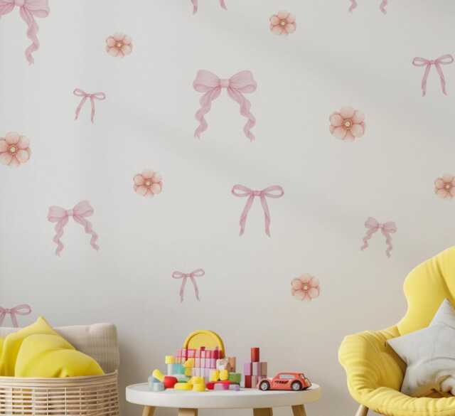 Pink Bow & Floral Wall Stickers, Coquette Nursery Decor, Baby Girl Room Decals, Peel & Stick Art, Soft Flower Decals - image 1