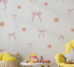 Pink Bow & Floral Wall Stickers, Coquette Nursery Decor, Baby Girl Room Decals, Peel & Stick Art, Soft Flower Decals - thumbnail 1